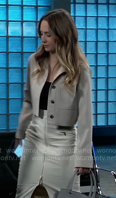 Josslyn’s beige cropped jacket and zip front skirt on General Hospital