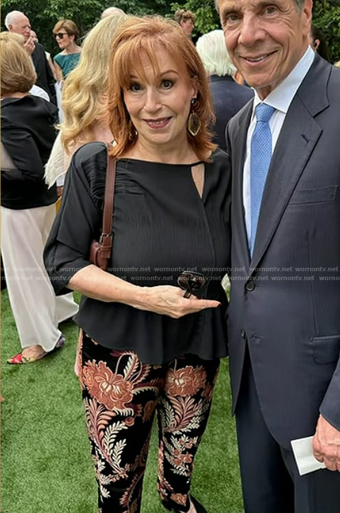 Joy’s black floral print pants on The View