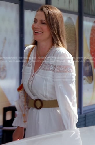 Julia’s white lace inset maxi dress on The Real Housewives of Miami