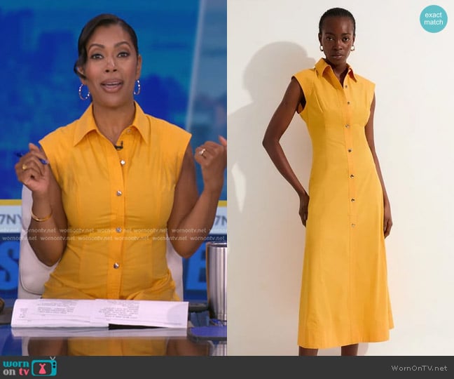 Karen Millen Cotton Top Stitch Woven Midi Shirt Dress in Mango worn by Shirleen Allicot on Good Morning America