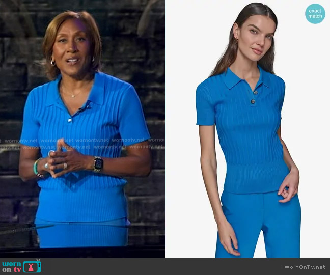 Karl Lagerfeld Paris Knit Polo in French Blue worn by Robin Roberts on Good Morning America