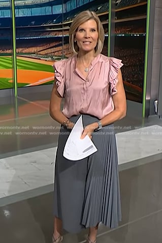 Kate’s pink ruffle top and grey skirt on NBC News Daily