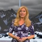 Kelly Cass’ navy floral cowl-neck dress on CBS Mornings