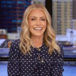 Kelly’s navy polka dot print top and skirt on Live with Kelly and Mark