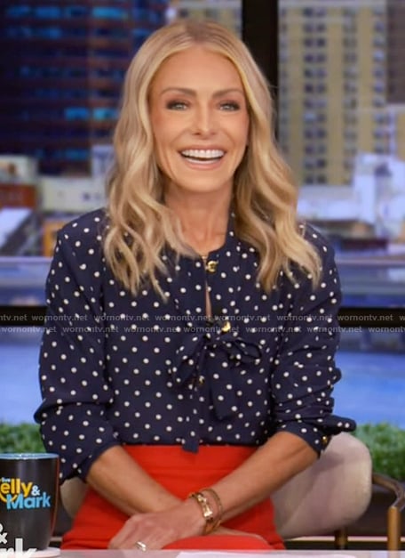 Kelly’s navy polka dot print top and skirt on Live with Kelly and Mark