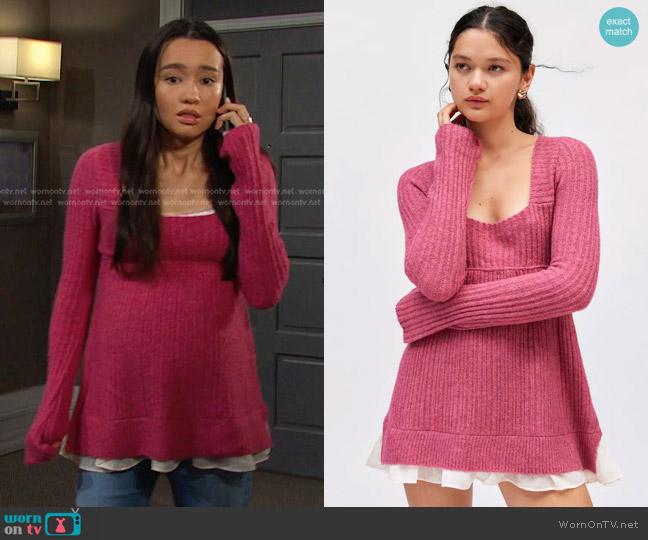 Kimchi Blue Hannah Lace Trim Babydoll Sweater in Berry worn by Sophia Choi (Rachel Boyd) on Days of our Lives