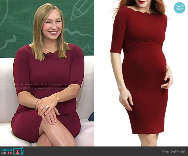 Kimi and Kai Kendall Scallop Trim Body-Con Maternity Dress in Wine worn by Deena Margolin on Today