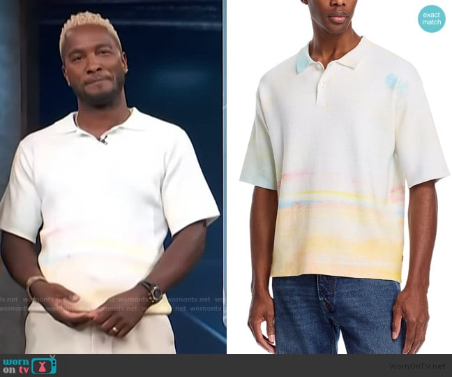 Krost Oversized Horizon Knit Polo Shirt worn by Scott Evans on Access Hollywood