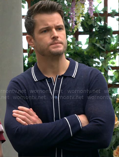 Kyle's navy button front knit shirt with stripe collar on The Young and the Restless