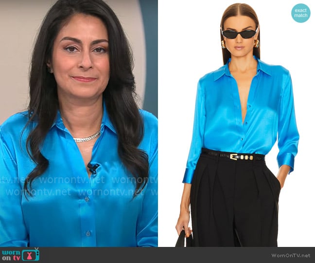 L'Agence Dani 3/4 Sleeve Blouse in Neon Blue worn by Dr. Celine Gounder on CBS Mornings