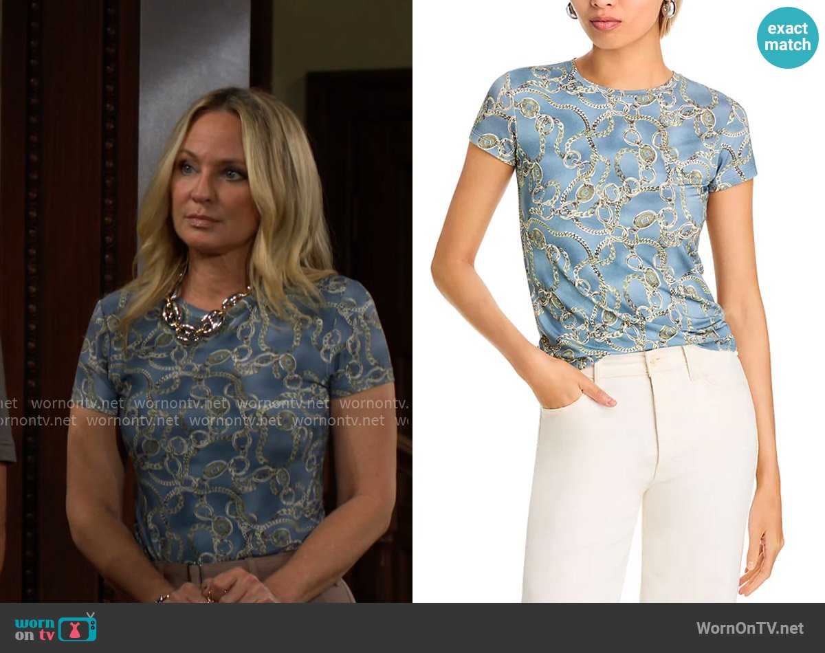 L'Agence Ressi Tee in Slate Blue/Silver Good Luck Chain worn by Sharon Newman (Sharon Case) on The Young and the Restless