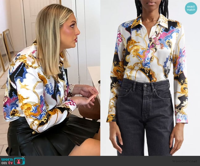 L'Agence Tyler Fantasy Print Silk Button-Up Shirt worn by Gina Kirschenheiter on The Real Housewives of Orange County