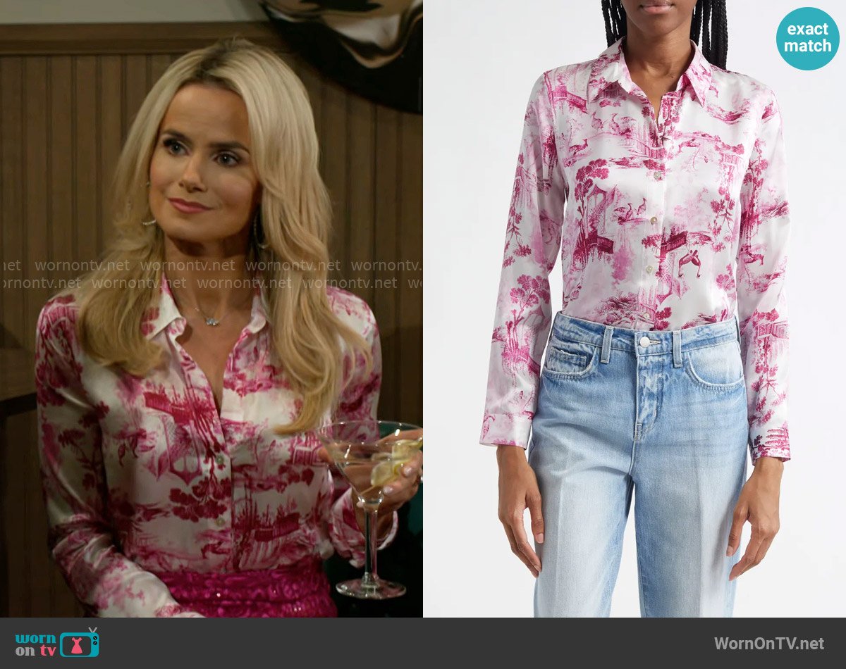 L'Agence Tyler Shirt in White/ Pink Porcelain Toile worn by Vanessa McBride (Lauren Buglioli) on Beyond the Gates