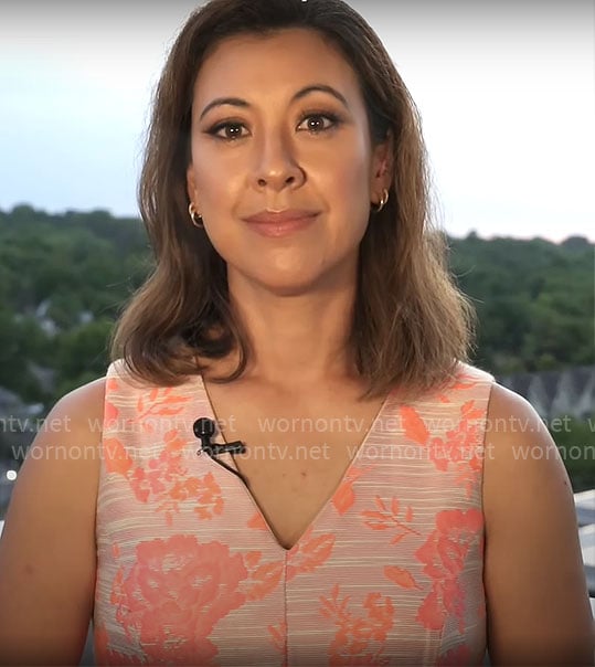 Lana Zak’s coral floral v-neck dress on CBS Mornings