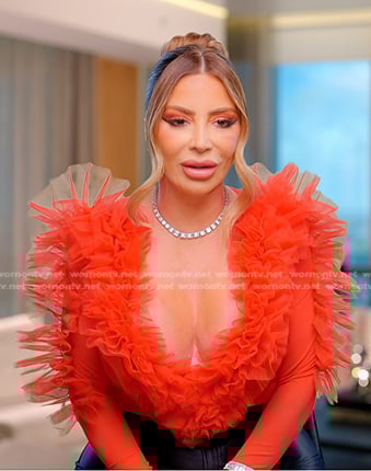 Larsa's red ruffle tulle confessional bodysuit on The Real Housewives of Miami