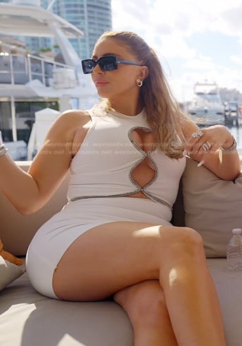 Larsa's white cutout top and mini skirt on The Real Housewives of Miami