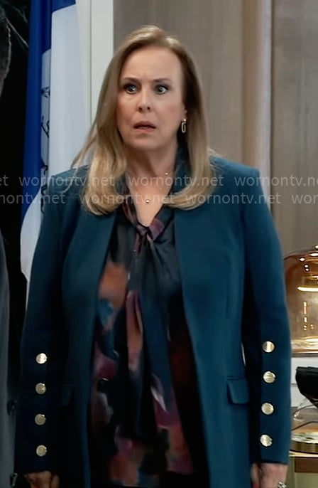 Laura’s printed blouse and teal blazer on General Hospital