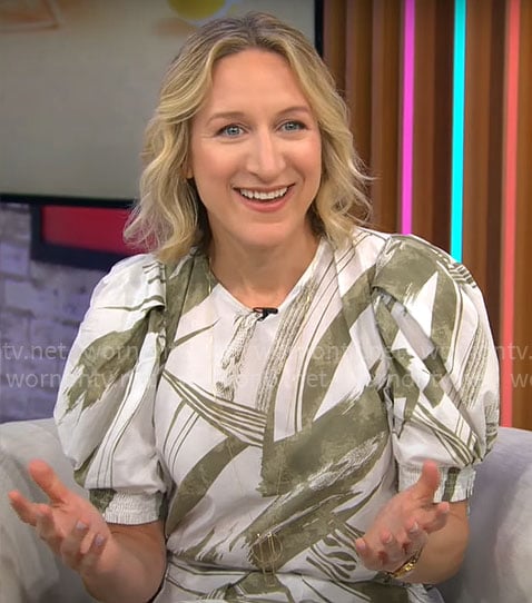 Lauren Iannotti's brushstroke print top and skirt set on CBS Mornings