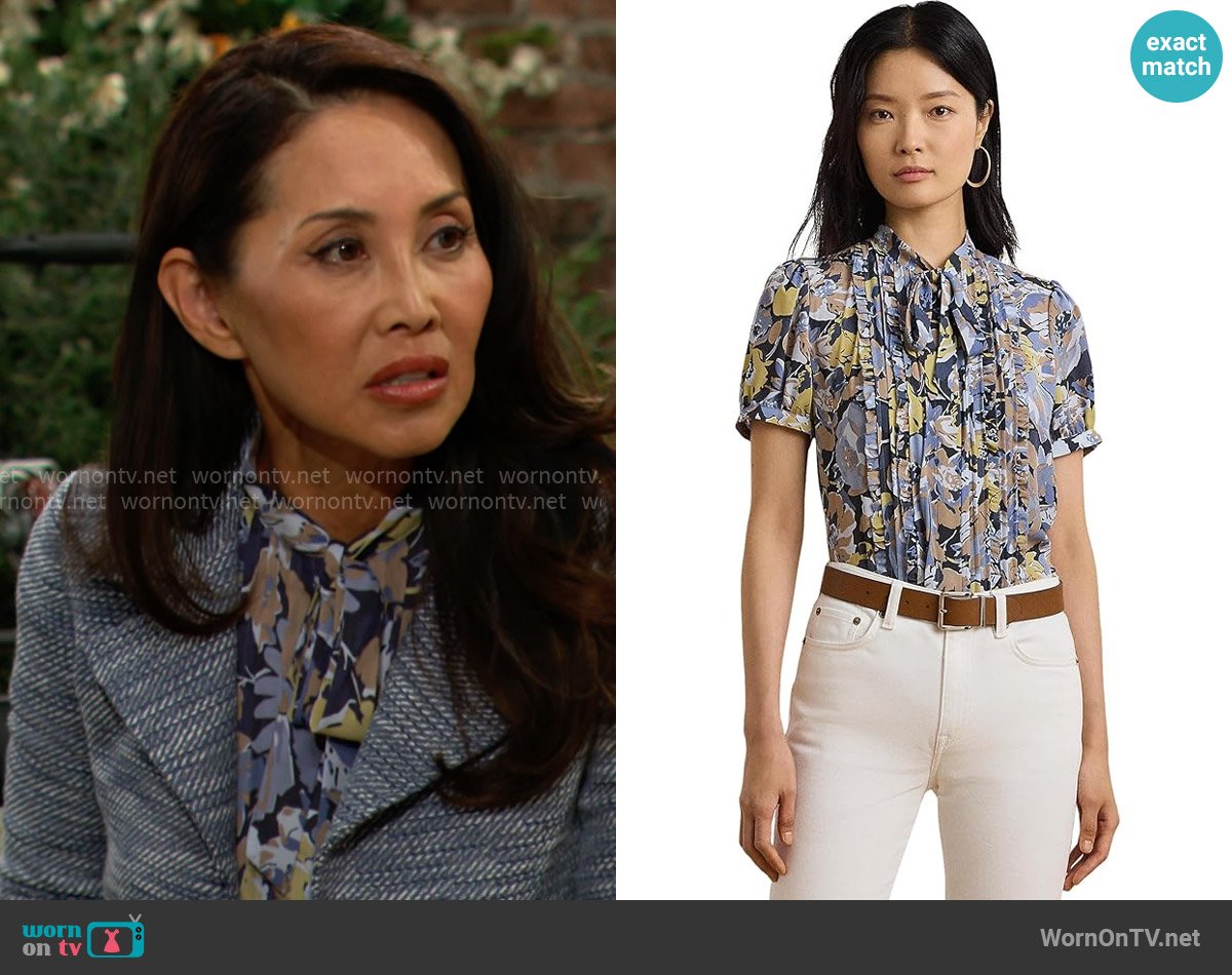 LAUREN Ralph Lauren Floral Georgette Puff Sleeve Shirt worn by Li Finnegan (Naomi Matsuda) on The Bold and the Beautiful