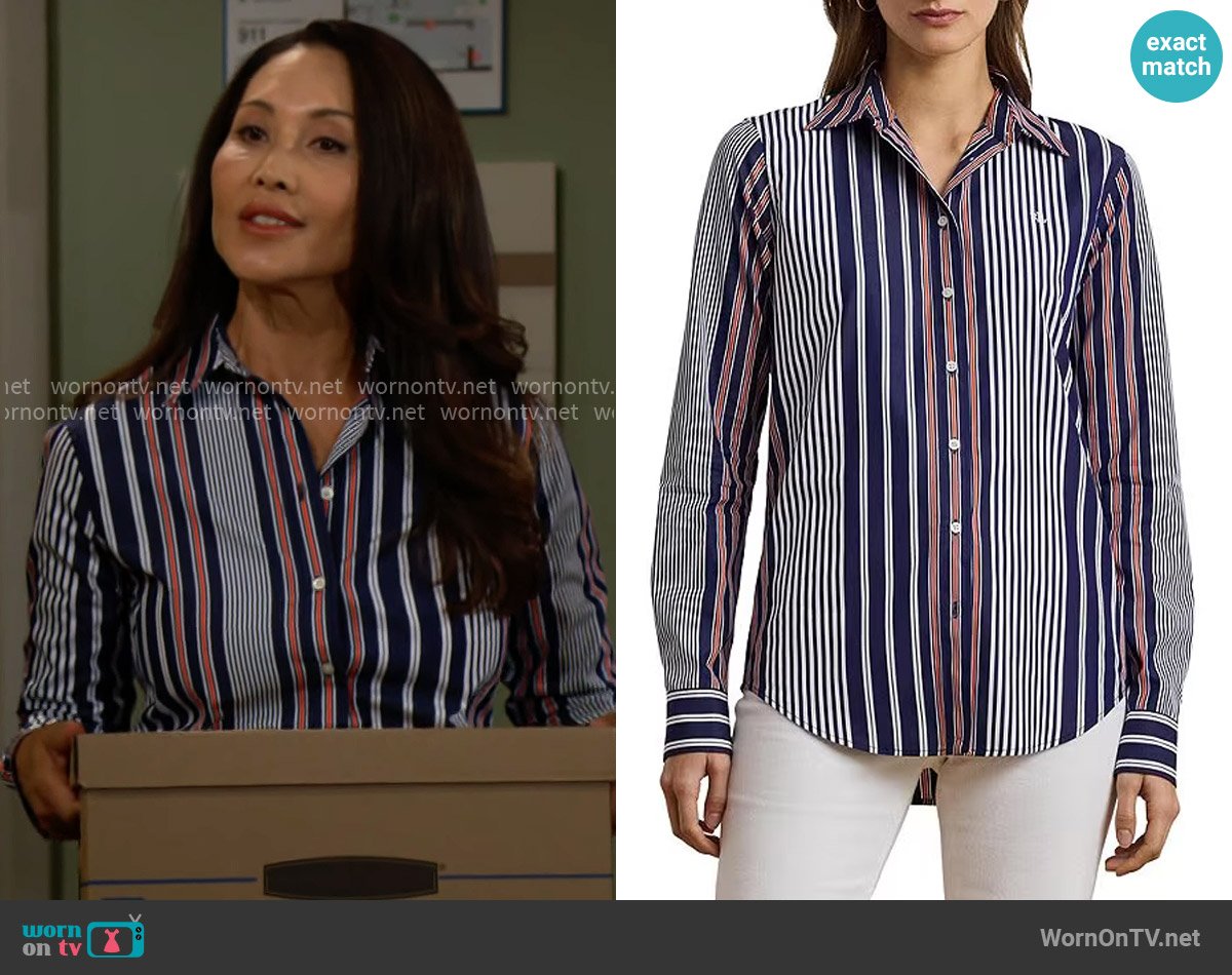 LAUREN Ralph Lauren Stripe Point Collar Long Sleeve Button-Front Broadcloth Shirt worn by Li Finnegan (Naomi Matsuda) on The Bold and the Beautiful