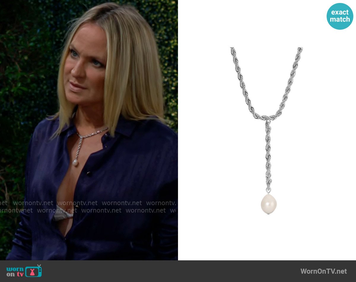 Leeada Jewelry Bryn Pearl Lariat Necklace in Silver worn by Sharon Newman (Sharon Case) on The Young and the Restless