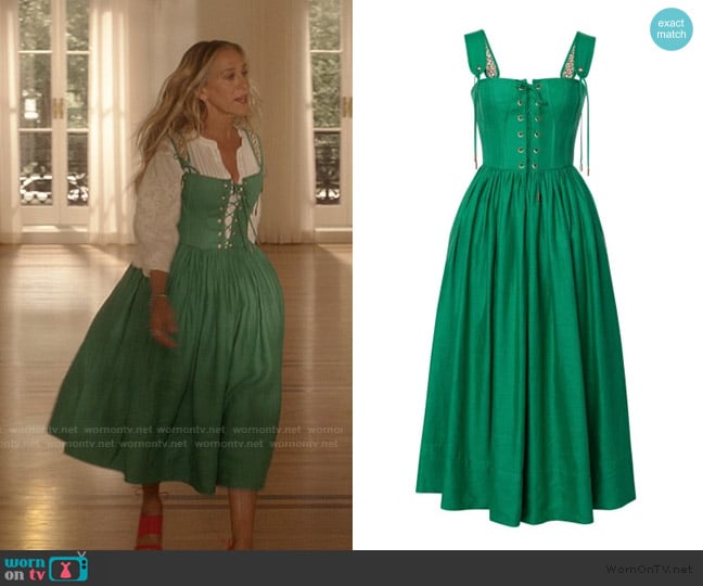 Lena Hoschek Giuseppina Linen Corset Midi Dress worn by Carrie Bradshaw (Sarah Jessica Parker) on And Just Like That