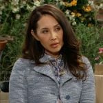 Li’s blue textured jacket and floral top on The Bold and the Beautiful