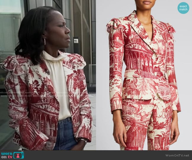 Libertine Toile De Nantes Blazer with Ruffle Cap-Sleeves worn by Deborah Roberts on Good Morning America