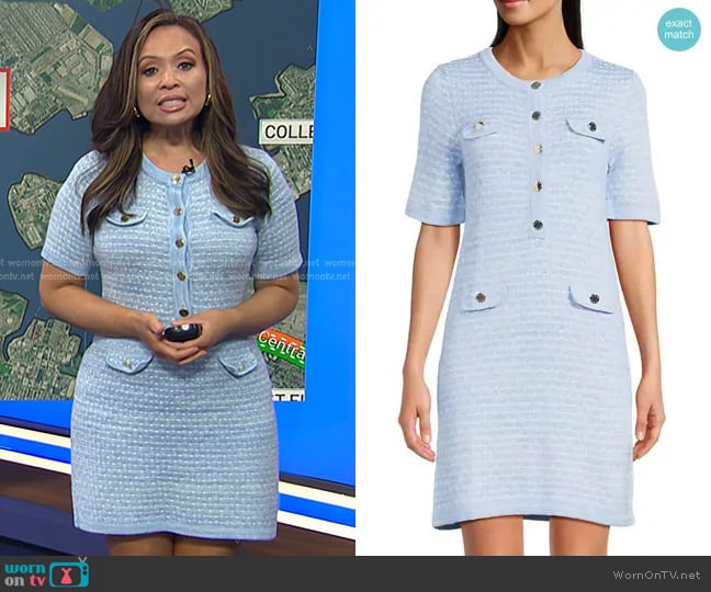 Lilly Pulitzer Theodorah Sweater Sheath Dress in Bluette Metallic Marl worn by Adelle Caballero on Today
