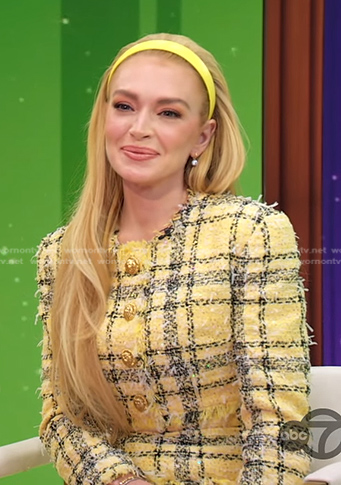 Lindsay Lohan’s yellow tweed jacket and skirt on Good Morning America