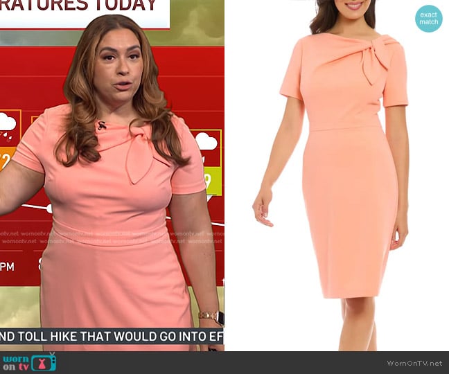 London Times Tie Neck Short Sleeve Sheath Dress in Peach worn by Violeta Yas on Today