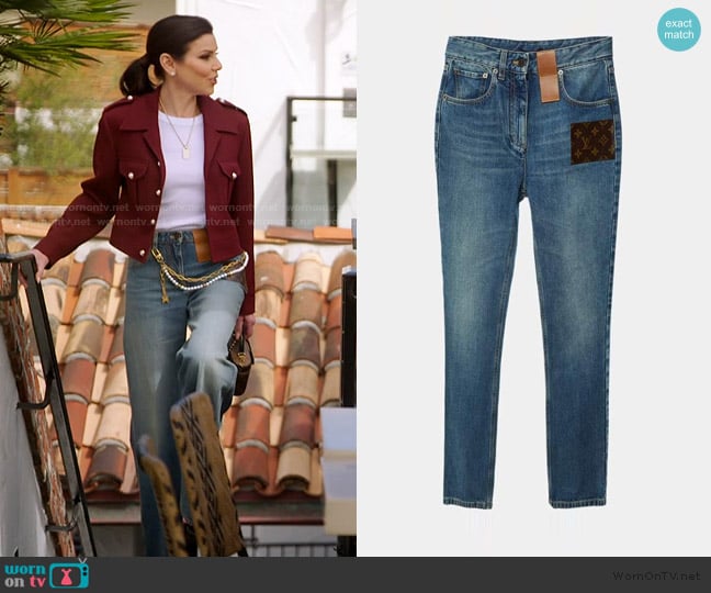 Louis Vuitton Denim Monogram Patch Pants worn by Heather Dubrow on The Real Housewives of Orange County