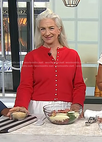 Lucinda Scala Quinn’s red sweatshirt cardigan on Today