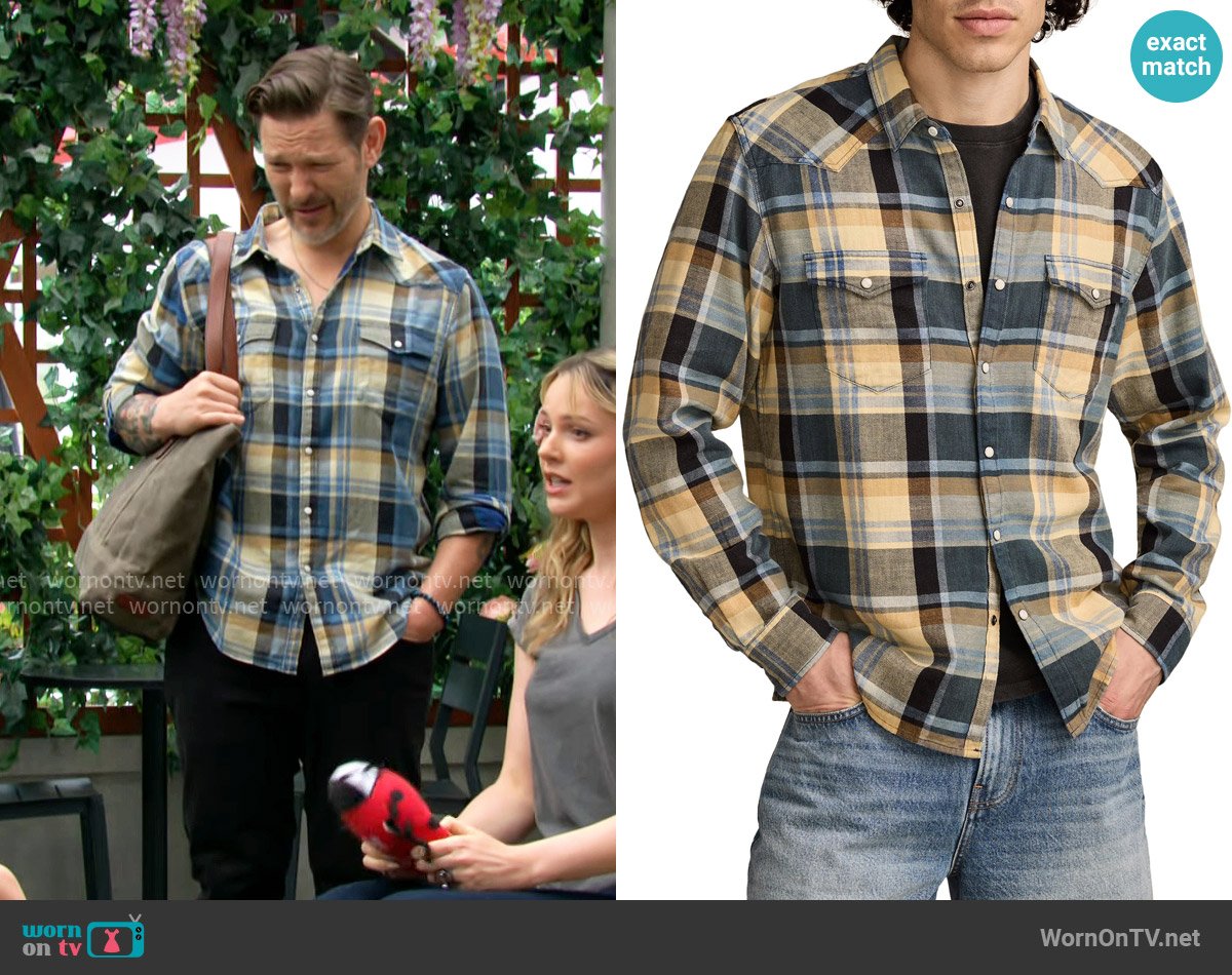 Lucky Brand indigo plaid mesa western long sleeve shirt worn by Daniel Romalotti (Michael Graziadei) on The Young and the Restless