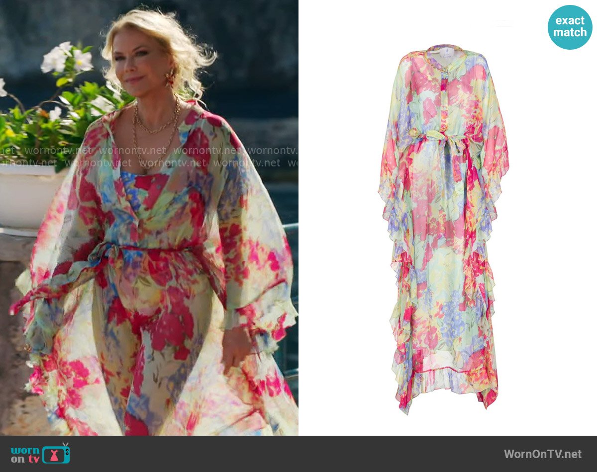 Luisa Beccaria Chiffon Kaftan With Ruffled Finishings in Abstract Flowers worn by Brooke Logan (Katherine Kelly Lang) on The Bold and the Beautiful