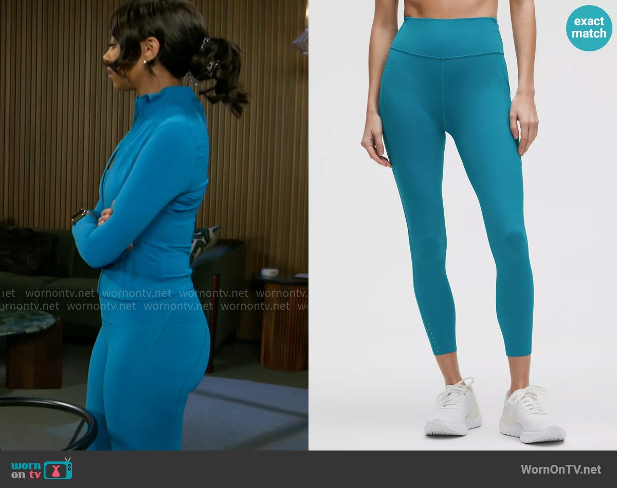 Kat’s teal blue leggings set on Beyond the Gates