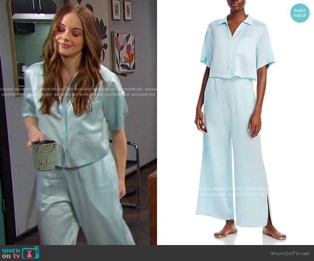 Lunya Washable Silk Pajama Set in Infinity Blue worn by Stephanie Johnson (Abigail Klein) on Days of our Lives