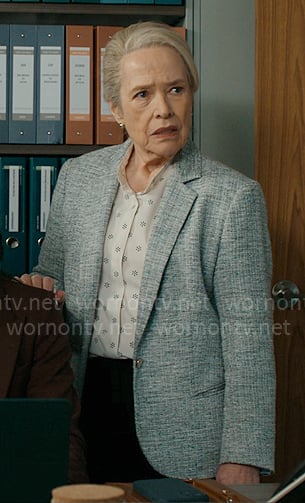 Madeline's grey tweed blazer and printed shirt on Matlock