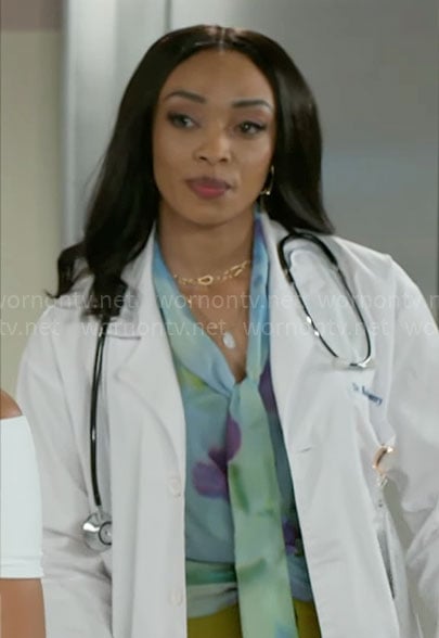 Madison's blue floral tie-neck blouse on Beyond the Gates