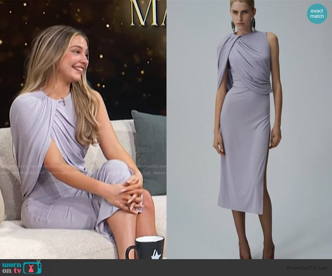 Magda Butrym Asymmetrical draped midi dress in purple worn by Madelyn Cline on Access Hollywood