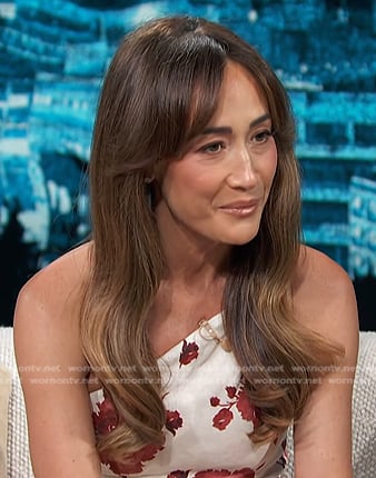 Maggie Q's white floral one-shoulder mini dress on Access Hollywood