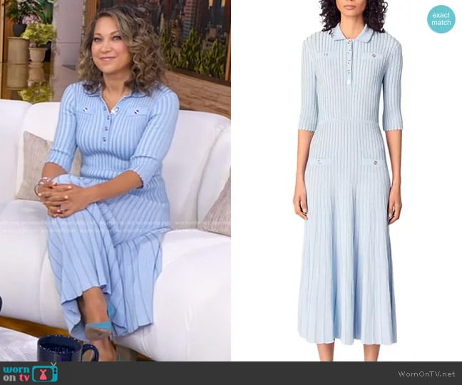 Maje Rib Knit Midi Dress in Blue Sky worn by Ginger Zee on Good Morning America