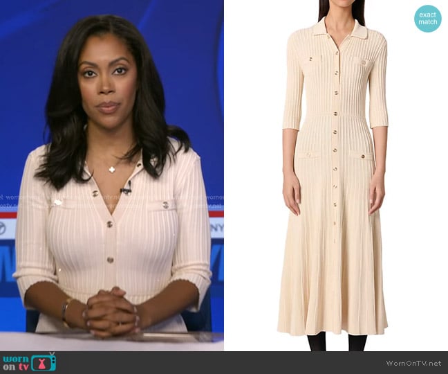 Maje Sequin Knit Midi Dress in Beige worn by Shirleen Allicot on Good Morning America