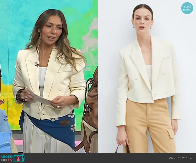 Mango Double-breasted Cropped Jacket in Ecru worn by  on Today