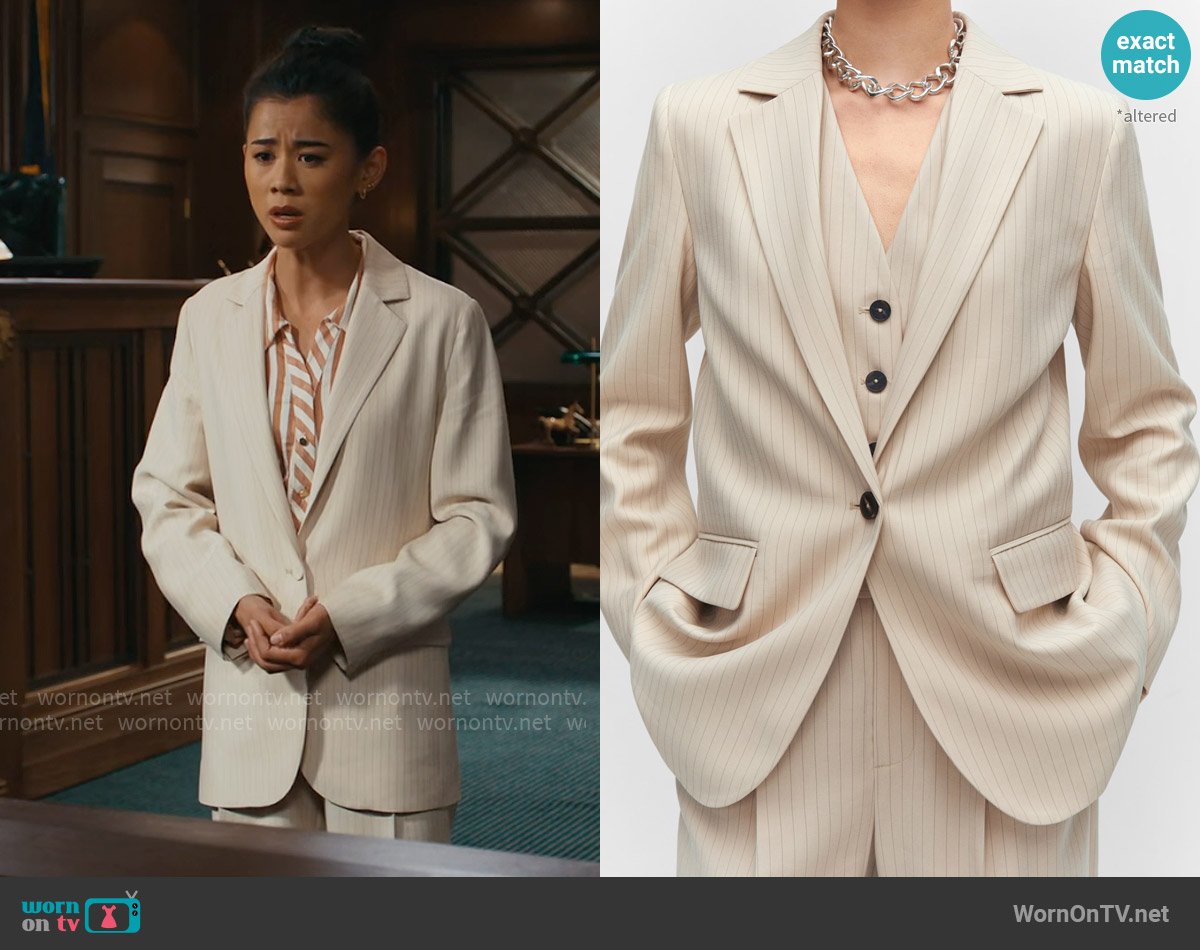 Mango Pinstripe suit blazer worn by Sarah Franklin (Leah Lewis) on Matlock