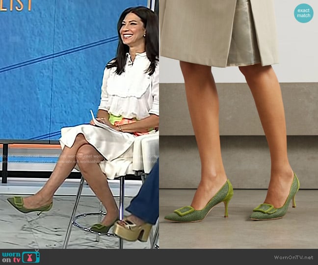 Manolo Blahnik Maysale 70 Buckle-embellished Suede-trimmed Woven Raffia Pumps worn by Dr. Natalie Azar on Today