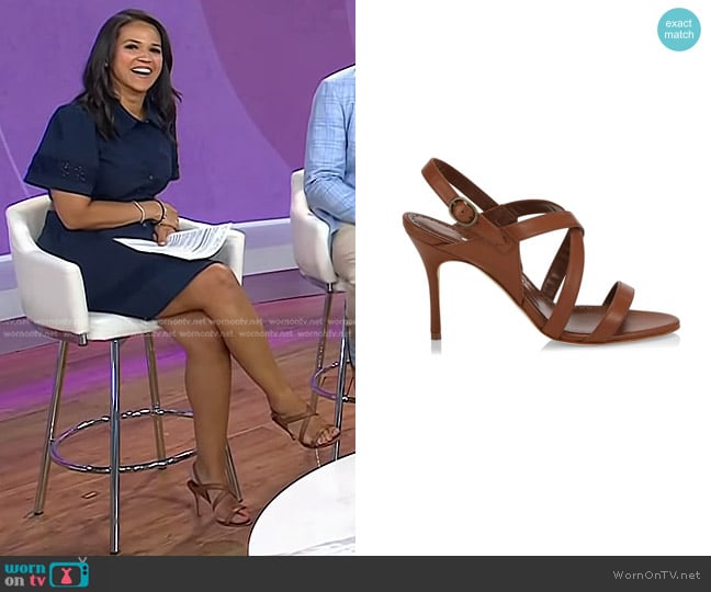 Manolo Blahnik Singanu Strappy High Leather Sandals in brown worn by Laura Jarrett on Today