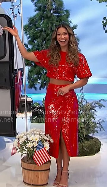Manuela’s red sequin crop top and skirt set on The Price is Right