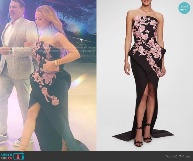 Marchesa Strapless Orchid Embroidered Structured Column Gown worn by Lisa Hochstein (Lisa Hochstein) on The Real Housewives of Miami