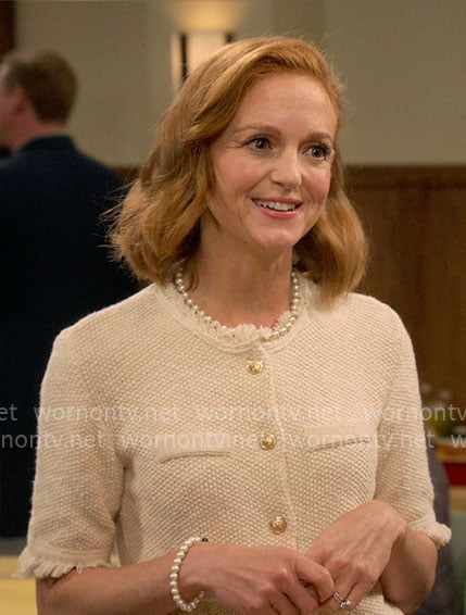 Mary's cream fringe-trim jacket on Leanne